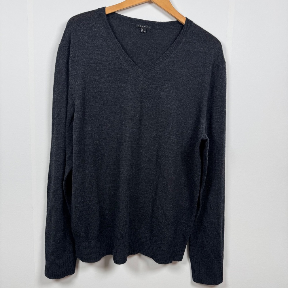 Theory Men XXL Black 100%Wool Sweater V Neck Preppy Minimalist Jumper‎ Pullover